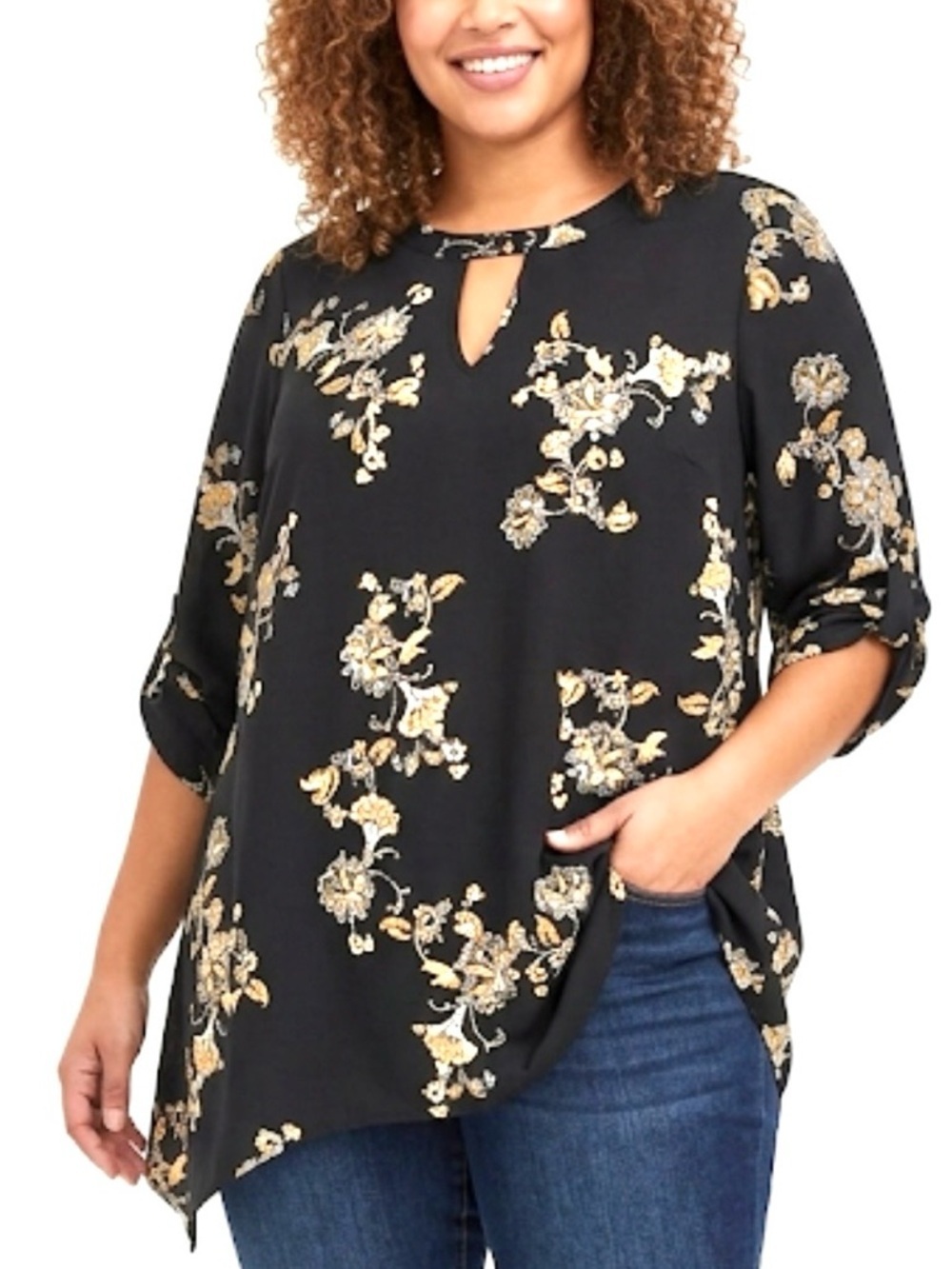 Torrid 3/4 roll tab sleeve black yellow floral print size plus 00